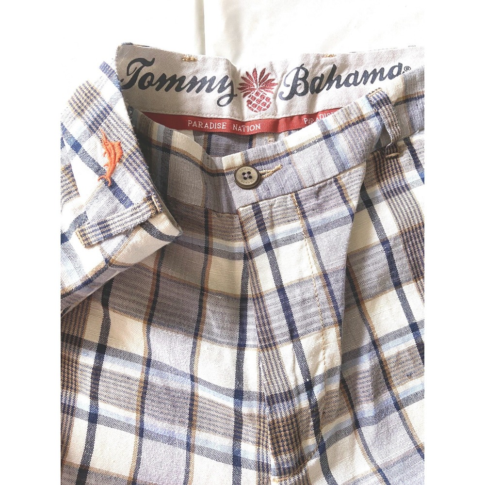 Tommy Bahama Paradise Nation Mens Blue Tan‎ Plaid Linen Blend Shorts Size 34